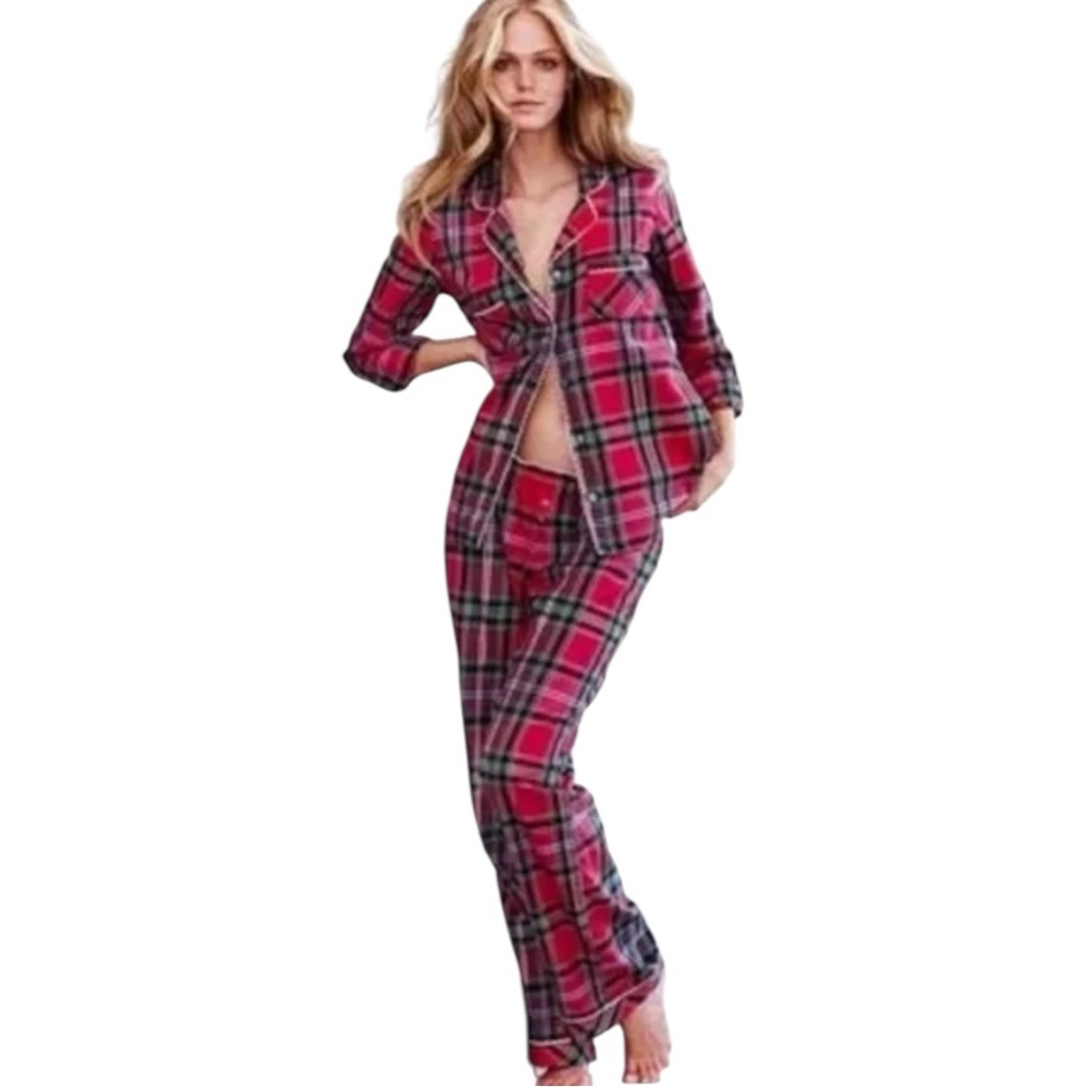 Victoria’s Secret Pink Red Flannel Plaid Long Sleeve Pajama Pants Set size XS